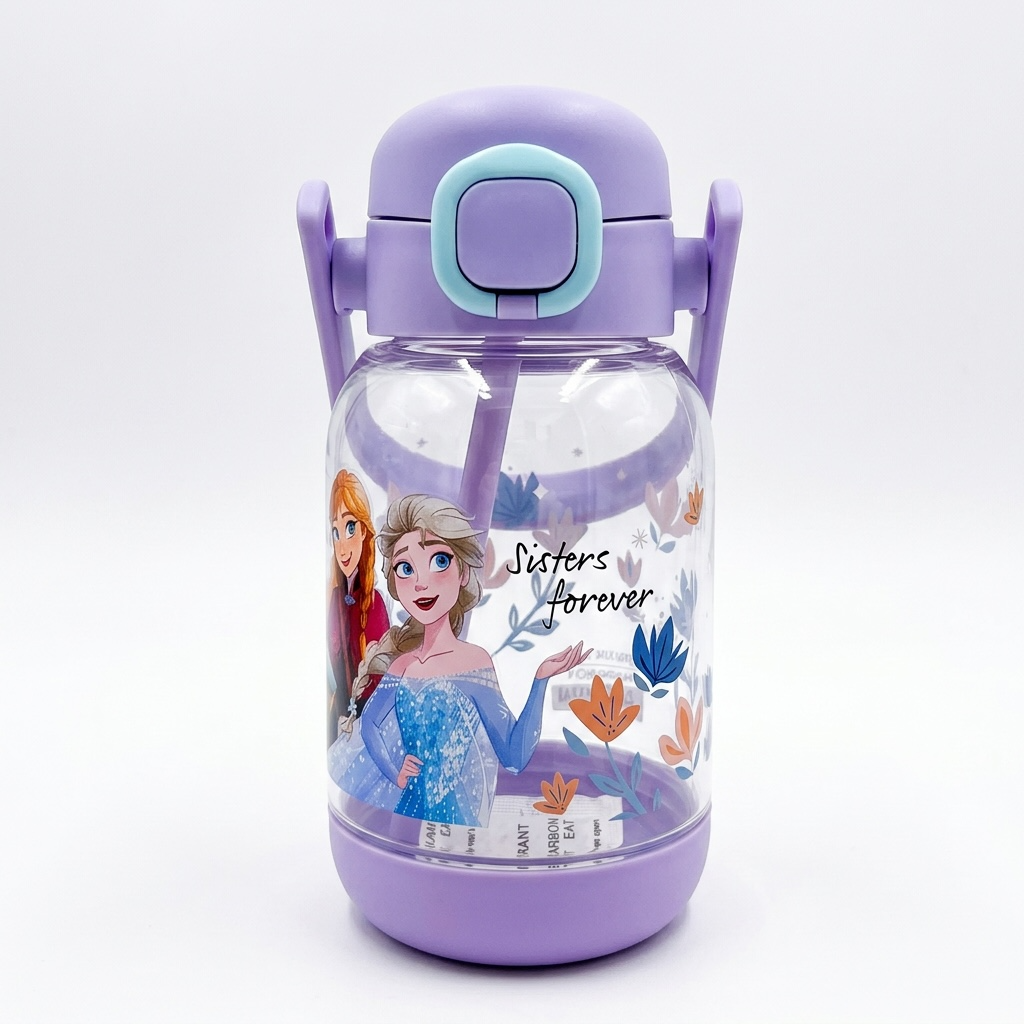 Kids Cartoon Flip-Top Water Bottle with Straw & Carry Handle – Leakproof Reusable Drinking Bottle for School, Travel & Outdoor Use