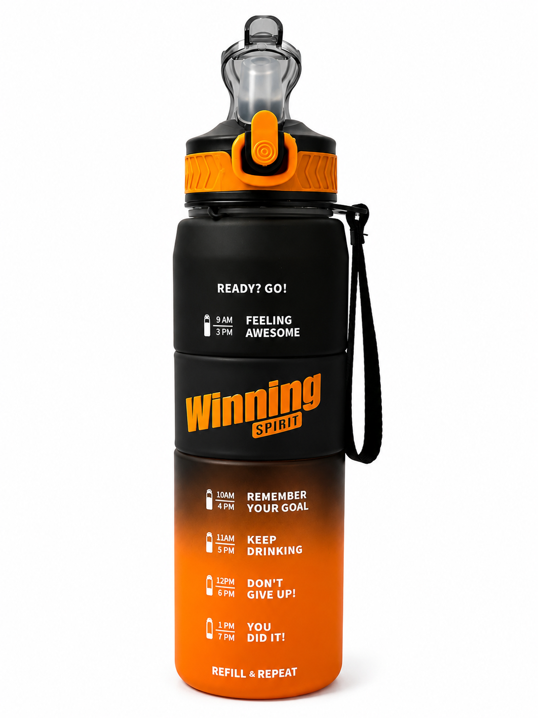 Winning Spirit Motivational Sports Water Bottle with Time Marker – Leakproof Flip Straw Bottle
