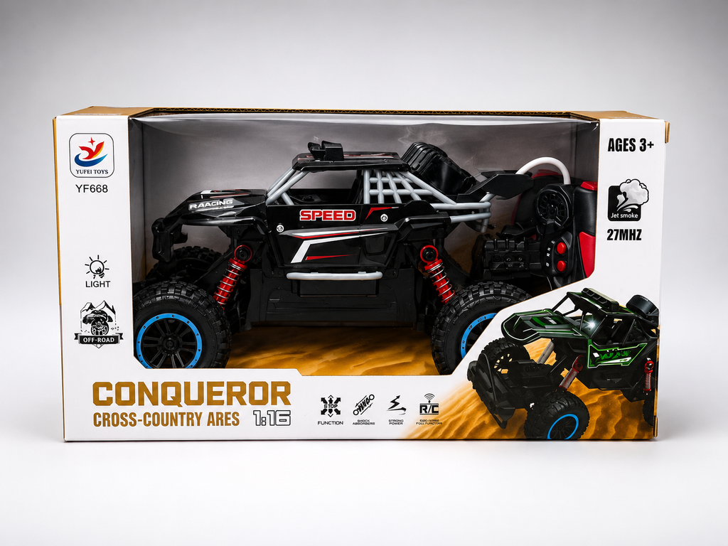 1:16 Conqueror RC Off-Road Rock Crawler – Remote Control Cross-Country Racing Car with Lights & Jet Smoke Effect | Ages 3+