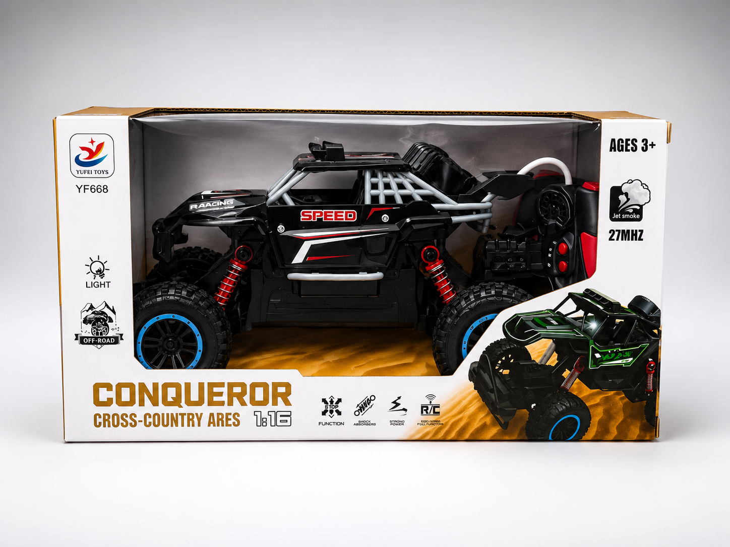 1:16 Conqueror RC Off-Road Rock Crawler – Remote Control Cross-Country Racing Car with Lights & Jet Smoke Effect | Ages 3+