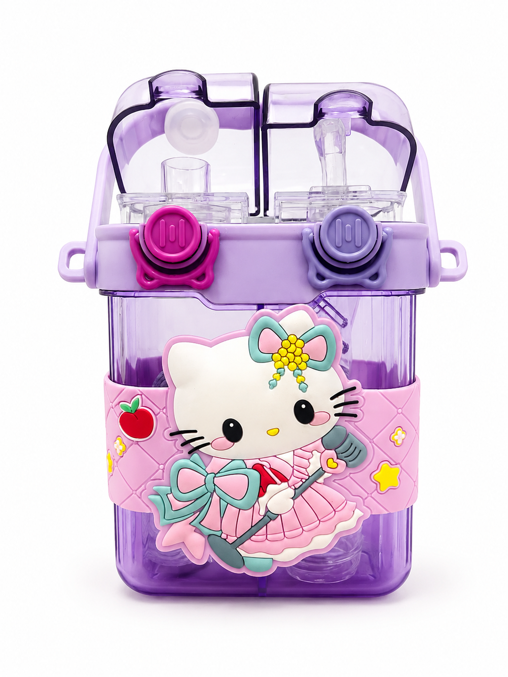 2-in-1 Cartoon Kids Water Bottle with Straw & Wide Mouth Spout | Leakproof BPA-Free Portable Drinking Bottle with Handle (Pink, Purple & Blue)