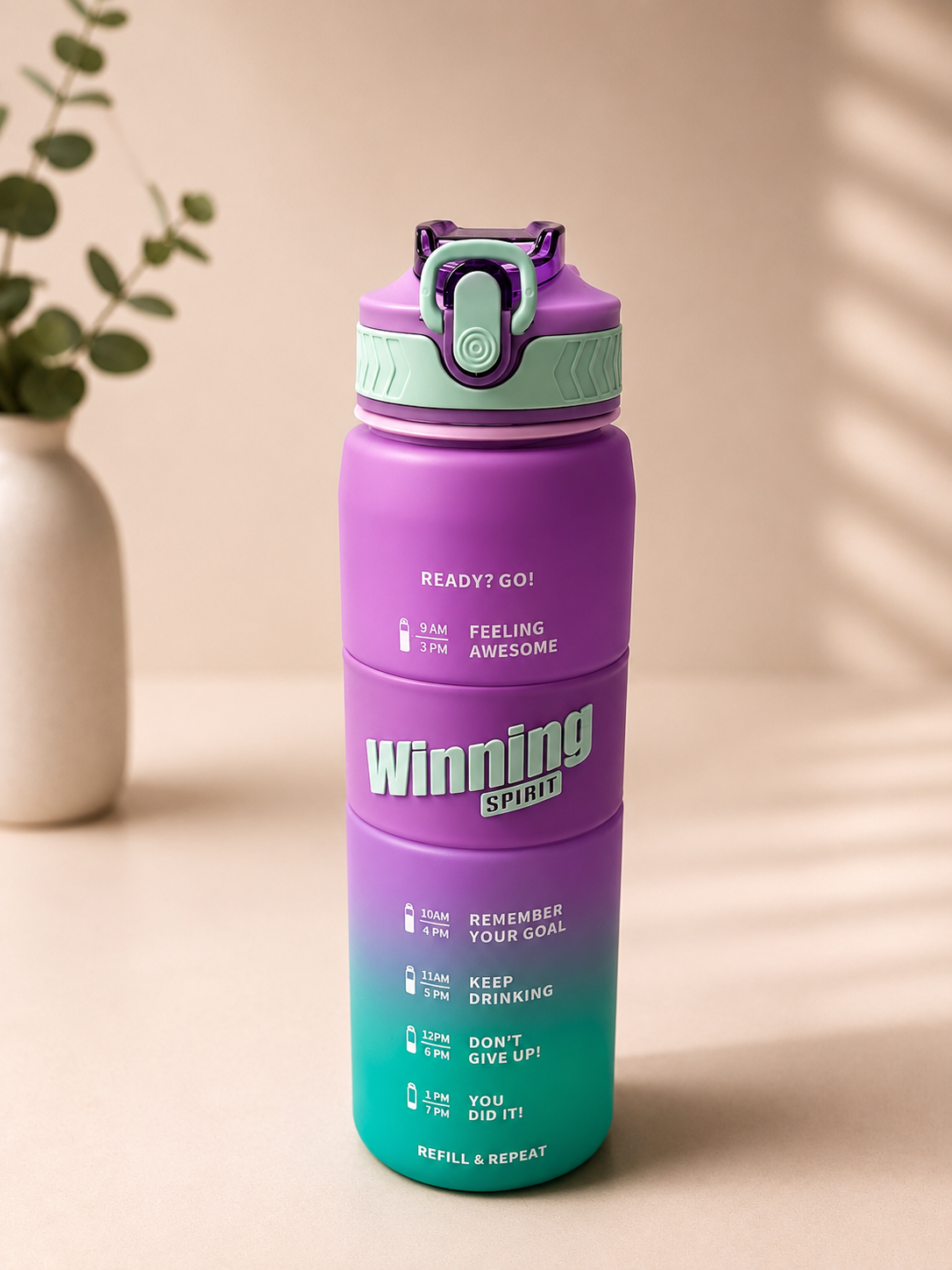 Winning Spirit Motivational Sports Water Bottle with Time Marker – Leakproof Flip Straw Bottle