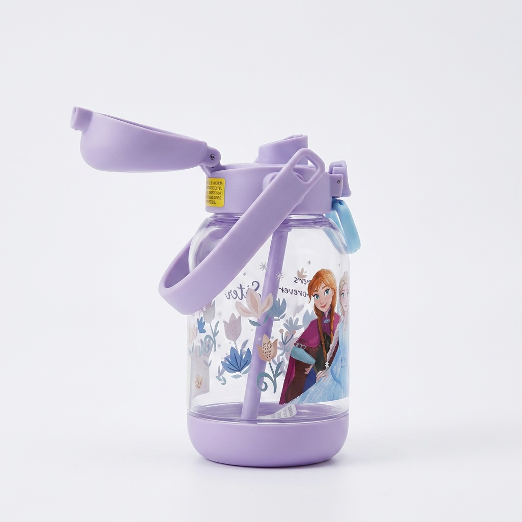 Kids Cartoon Flip-Top Water Bottle with Straw & Carry Handle – Leakproof Reusable Drinking Bottle for School, Travel & Outdoor Use