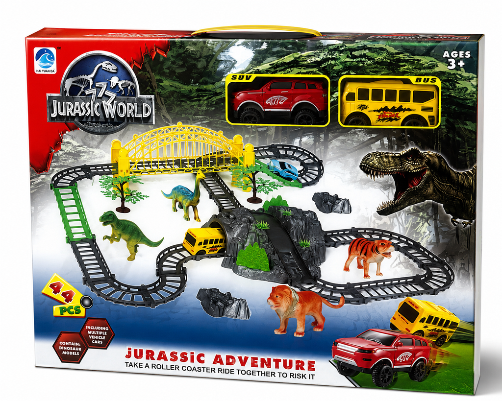 44-Piece Dinosaur Adventure Track Playset with SUV, Bus & Animal Figures | Interactive Kids Railway Toy (Ages 3+)