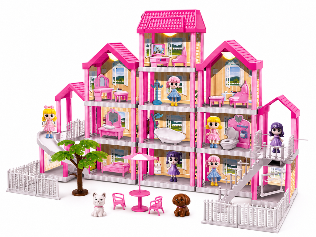 Dream House Doll Mansion Playset – Multi-Level Dollhouse with Elevator, Furniture, Pool, Slide & Dolls, Ages 3+