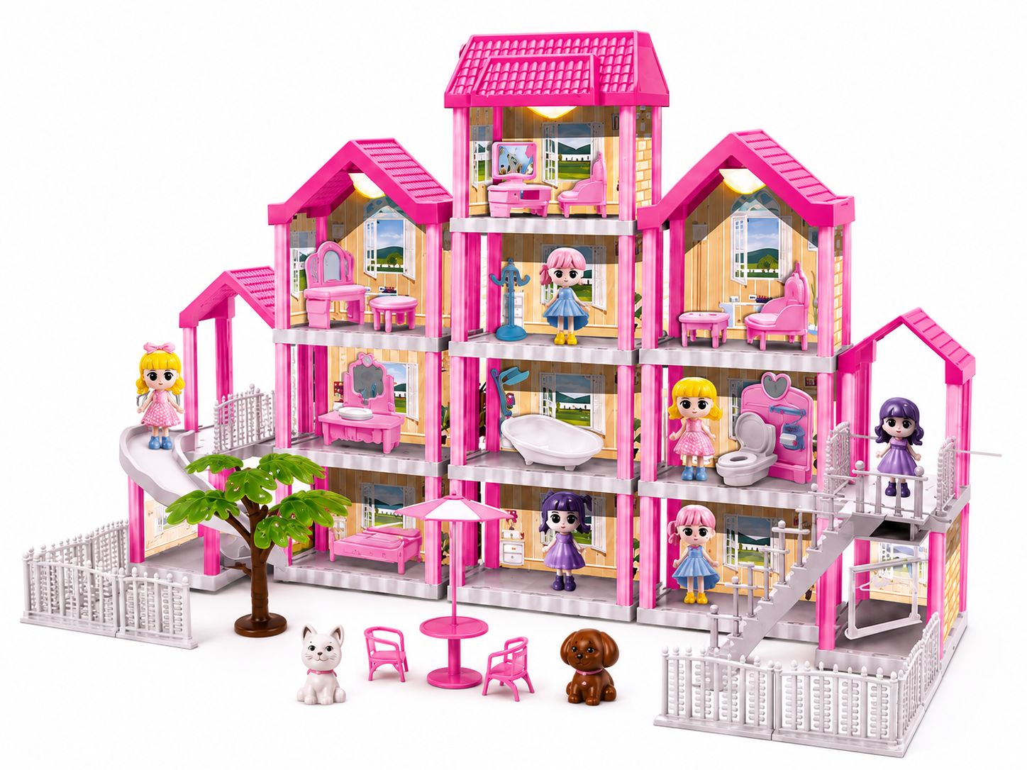 Dream House Doll Mansion Playset – Multi-Level Dollhouse with Elevator, Furniture, Pool, Slide & Dolls, Ages 3+