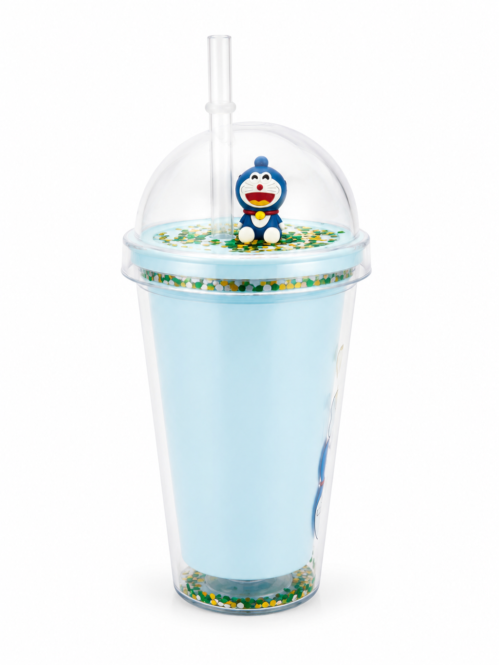 Glitter Confetti Tumbler with Dome Lid & Character Topper – Blue Cartoon Cat Figure, Reusable Straw Cup, 3D Figurine Charm