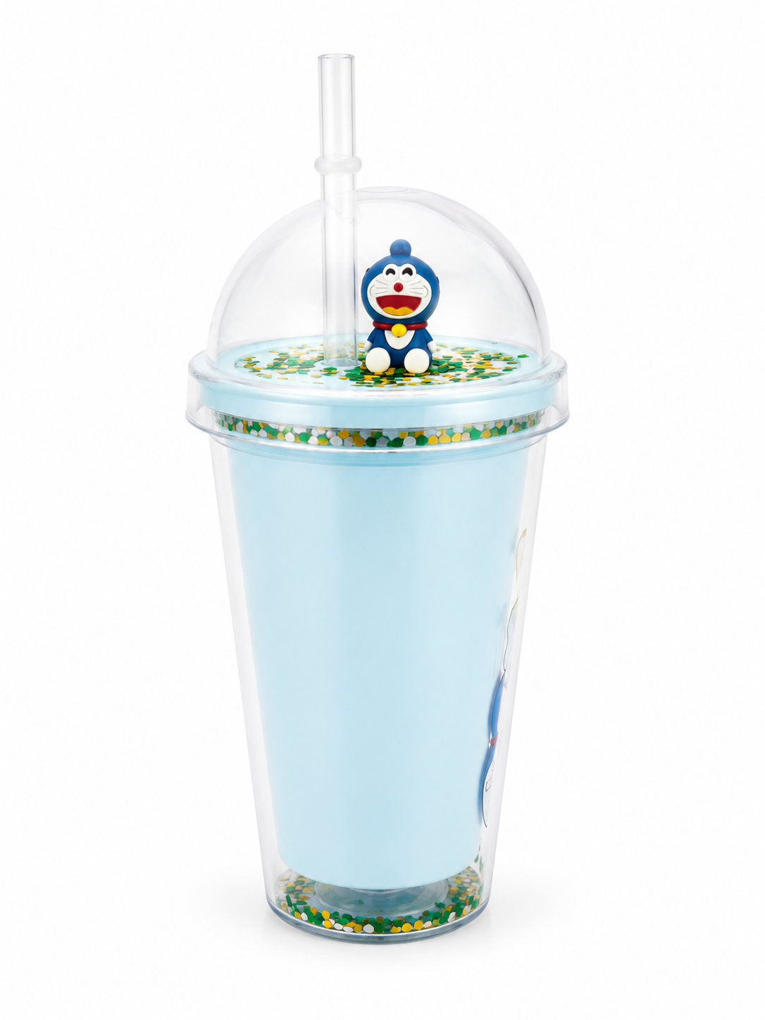 Glitter Confetti Tumbler with Dome Lid & Character Topper – Blue Cartoon Cat Figure, Reusable Straw Cup, 3D Figurine Charm