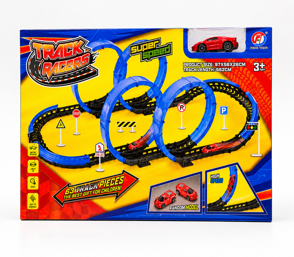 63-Piece Super Speed Loop Track Racer Set with Light, Sound & Battery-Operated Car
