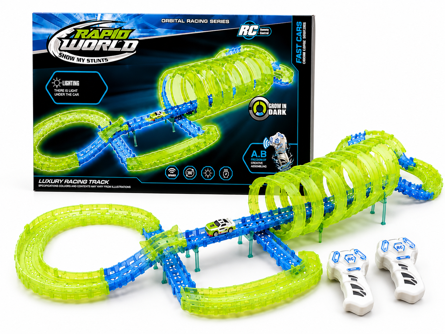 85-Piece Glow-in-the-Dark RC Racing Track Set with Light-Up Car – Flexible DIY Race Track for Kids