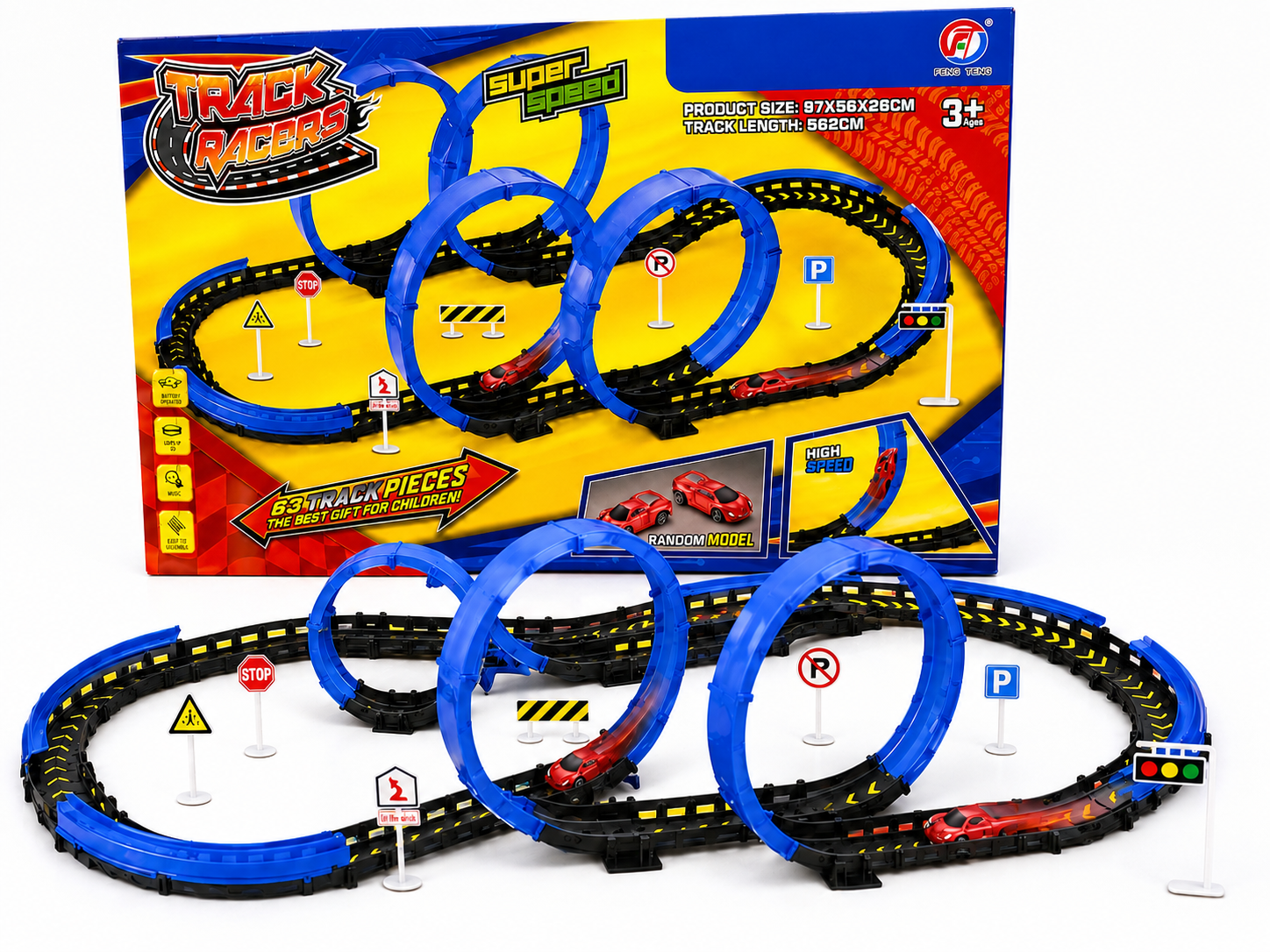 63-Piece Super Speed Loop Track Racer Set with Light, Sound & Battery-Operated Car