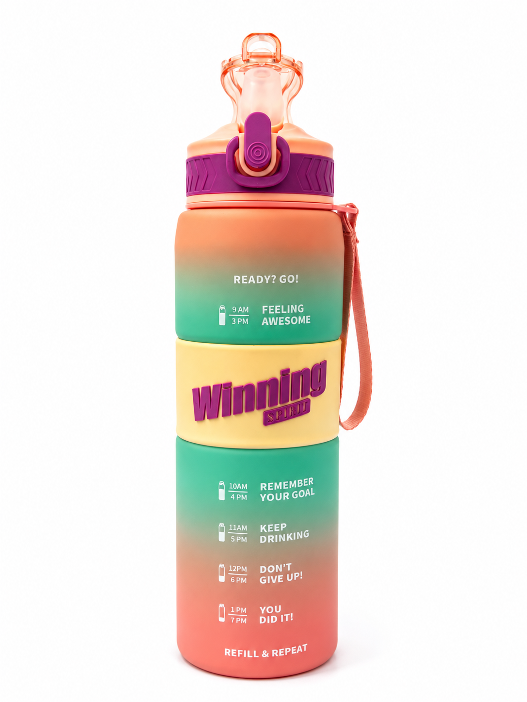 Winning Spirit Motivational Sports Water Bottle with Time Marker – Leakproof Flip Straw Bottle