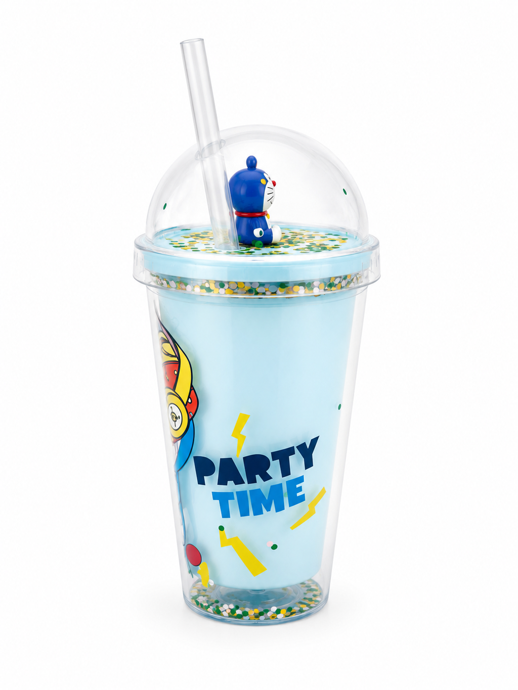 Glitter Confetti Tumbler with Dome Lid & Character Topper – Blue Cartoon Cat Figure, Reusable Straw Cup, 3D Figurine Charm