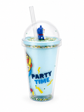 Glitter Confetti Tumbler with Dome Lid & Character Topper – Blue Cartoon Cat Figure, Reusable Straw Cup, 3D Figurine Charm