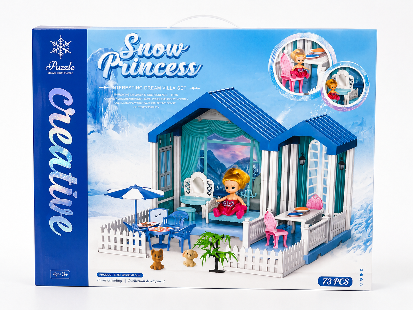 Snow Princess Dream Villa Dollhouse Playset – 73 Pieces | DIY Pretend Play House with Mini Doll & Furniture | Ages 3+