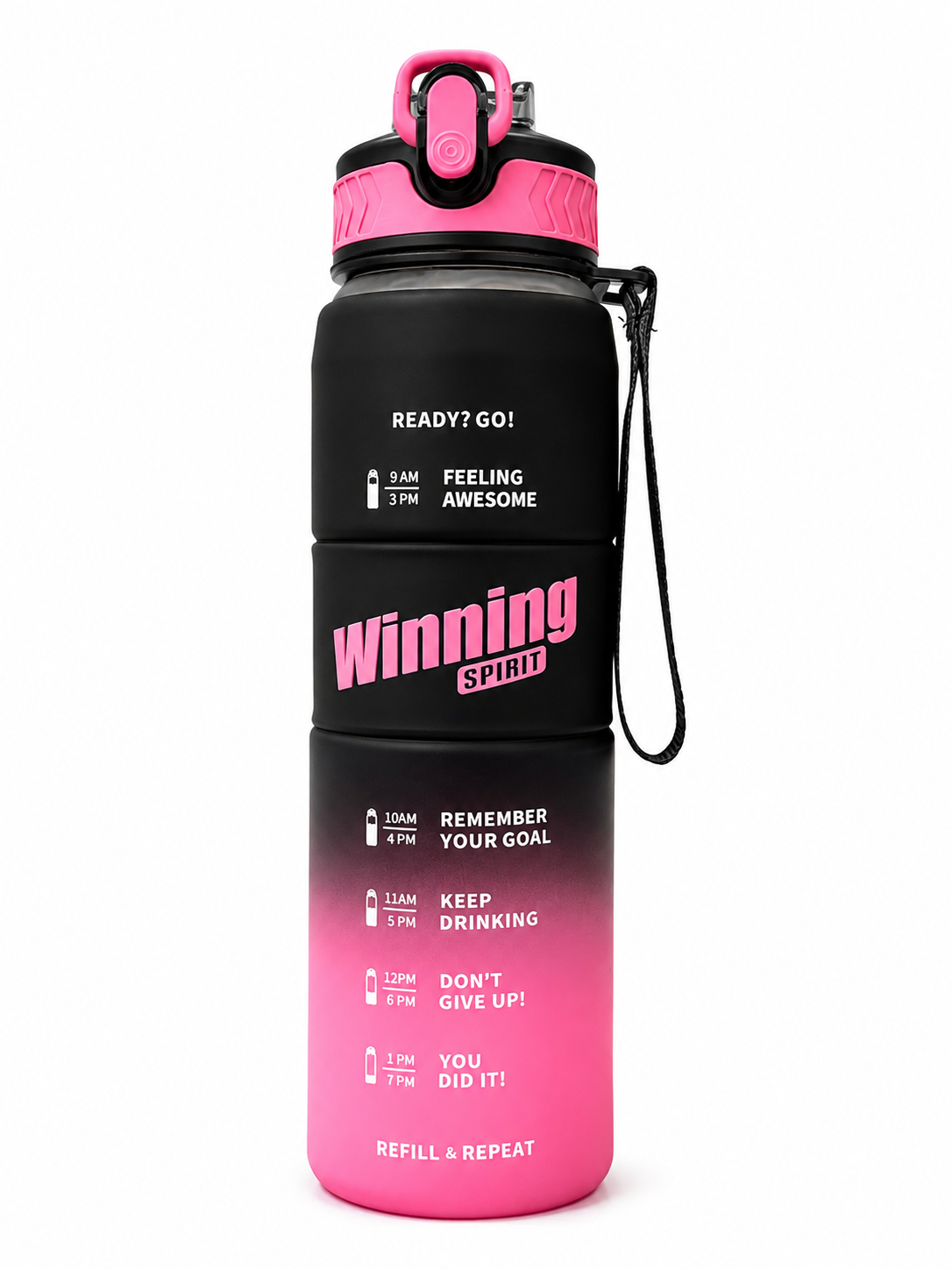 Winning Spirit Motivational Sports Water Bottle with Time Marker – Leakproof Flip Straw Bottle