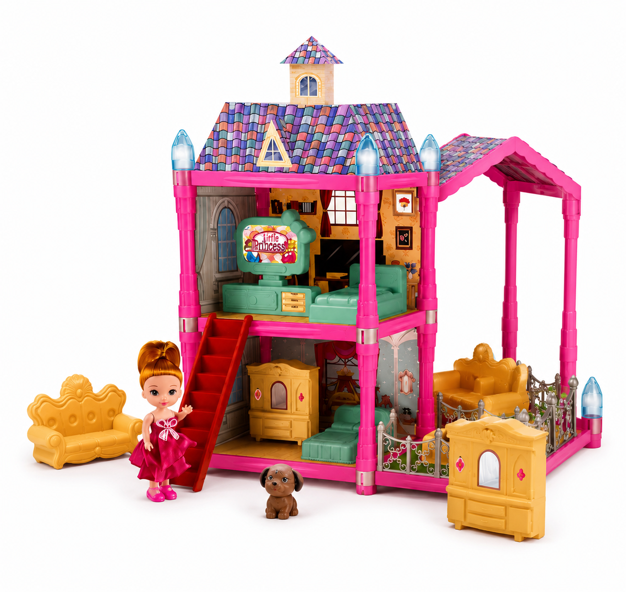 Villa Role Play Dollhouse Set – 72-Piece Doll House with Furniture, Doll & Puppy, Glow-in-the-Dark Accents, Ages 3+