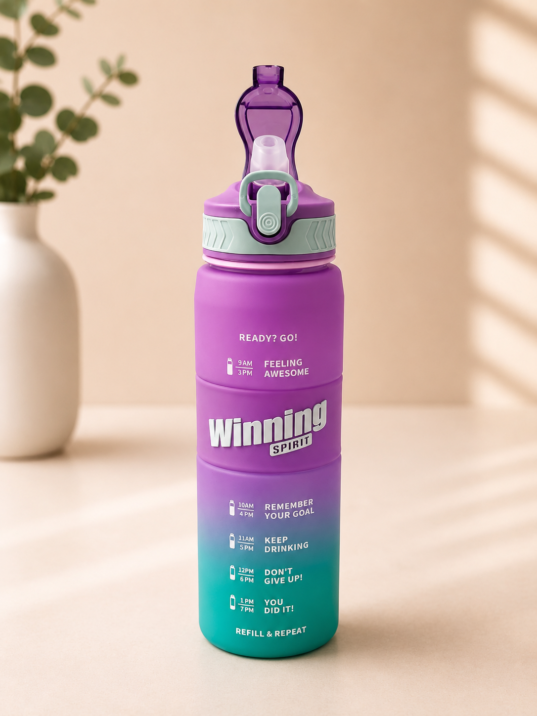 Winning Spirit Motivational Sports Water Bottle with Time Marker – Leakproof Flip Straw Bottle