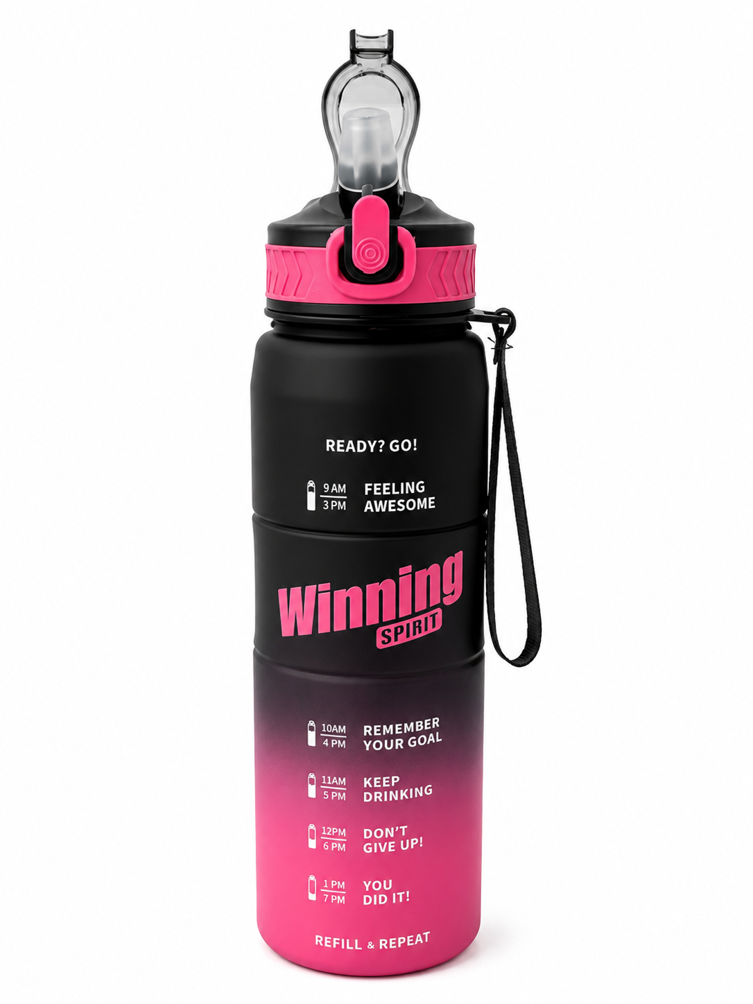 Winning Spirit Motivational Sports Water Bottle with Time Marker – Leakproof Flip Straw Bottle
