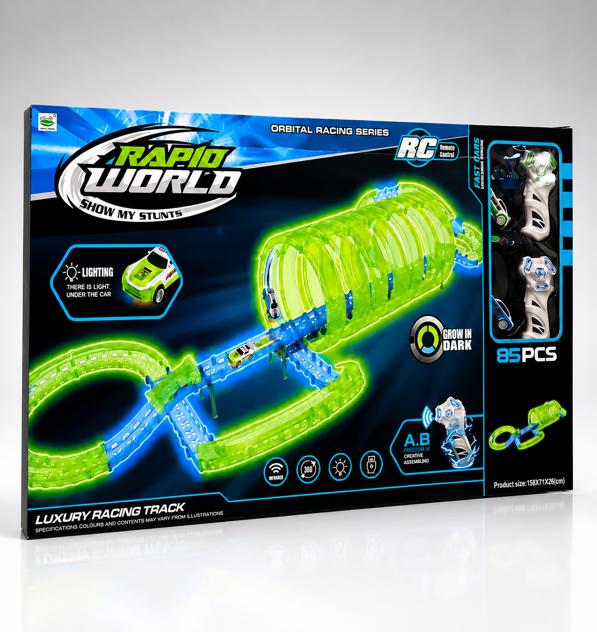 85-Piece Glow-in-the-Dark RC Racing Track Set with Light-Up Car – Flexible DIY Race Track for Kids