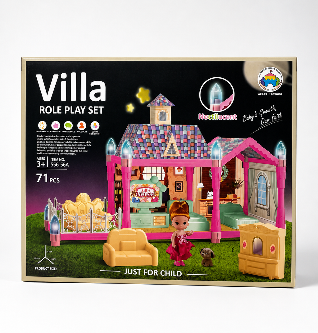 Villa Role Play Dollhouse Set – 72-Piece Doll House with Furniture, Doll & Puppy, Glow-in-the-Dark Accents, Ages 3+