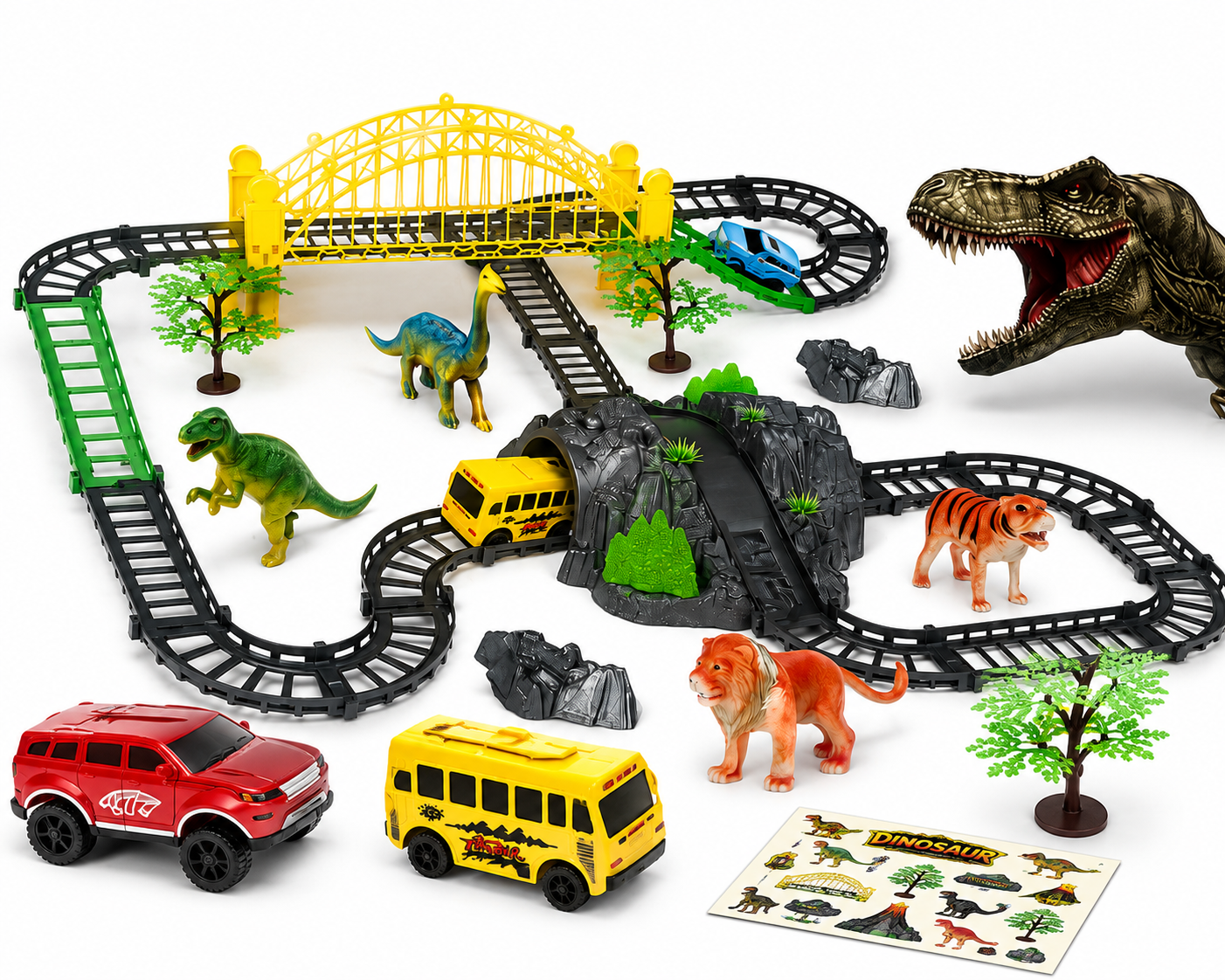 44-Piece Dinosaur Adventure Track Playset with SUV, Bus & Animal Figures | Interactive Kids Railway Toy (Ages 3+)