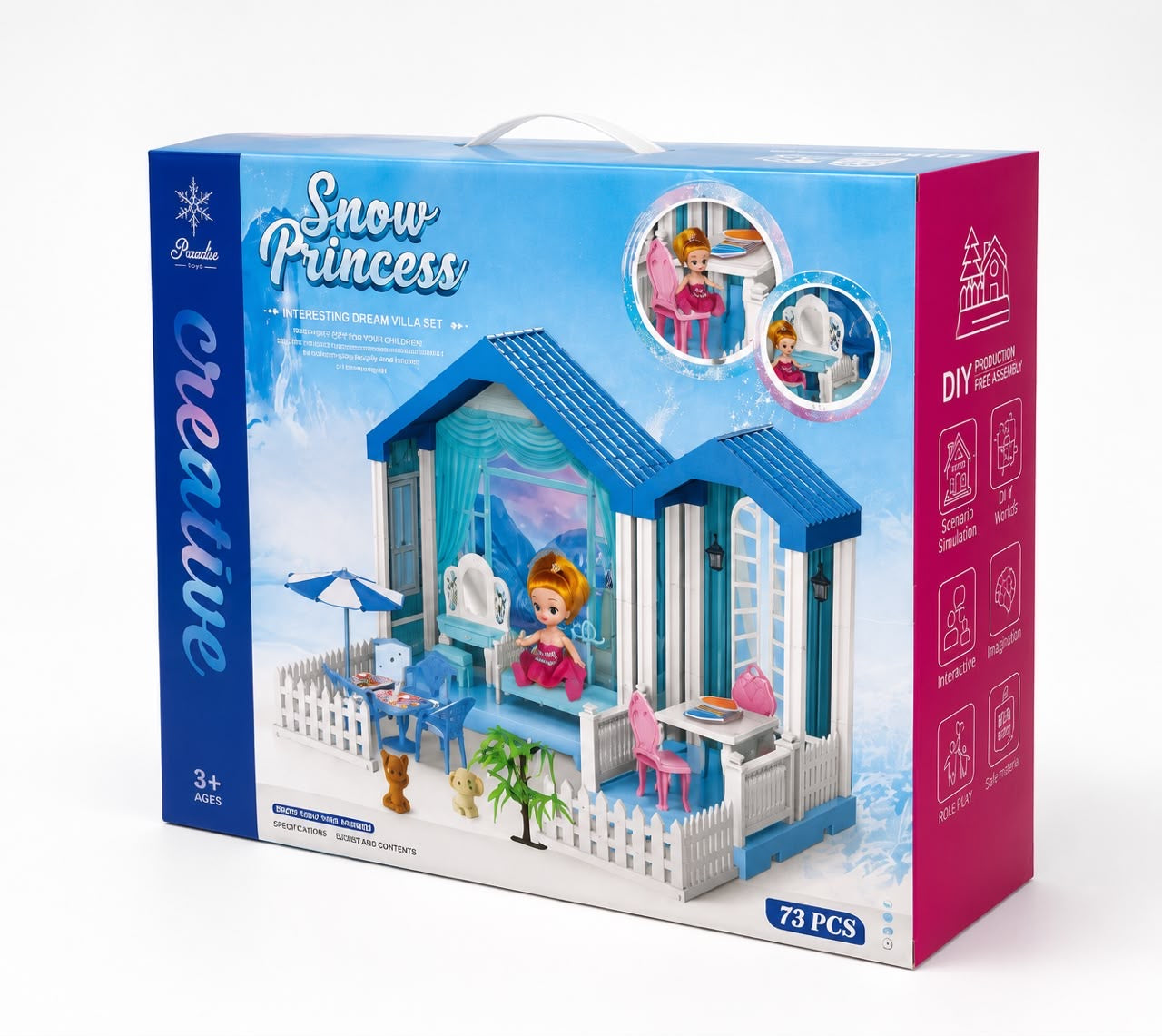 Snow Princess Dream Villa Dollhouse Playset – 73 Pieces | DIY Pretend Play House with Mini Doll & Furniture | Ages 3+