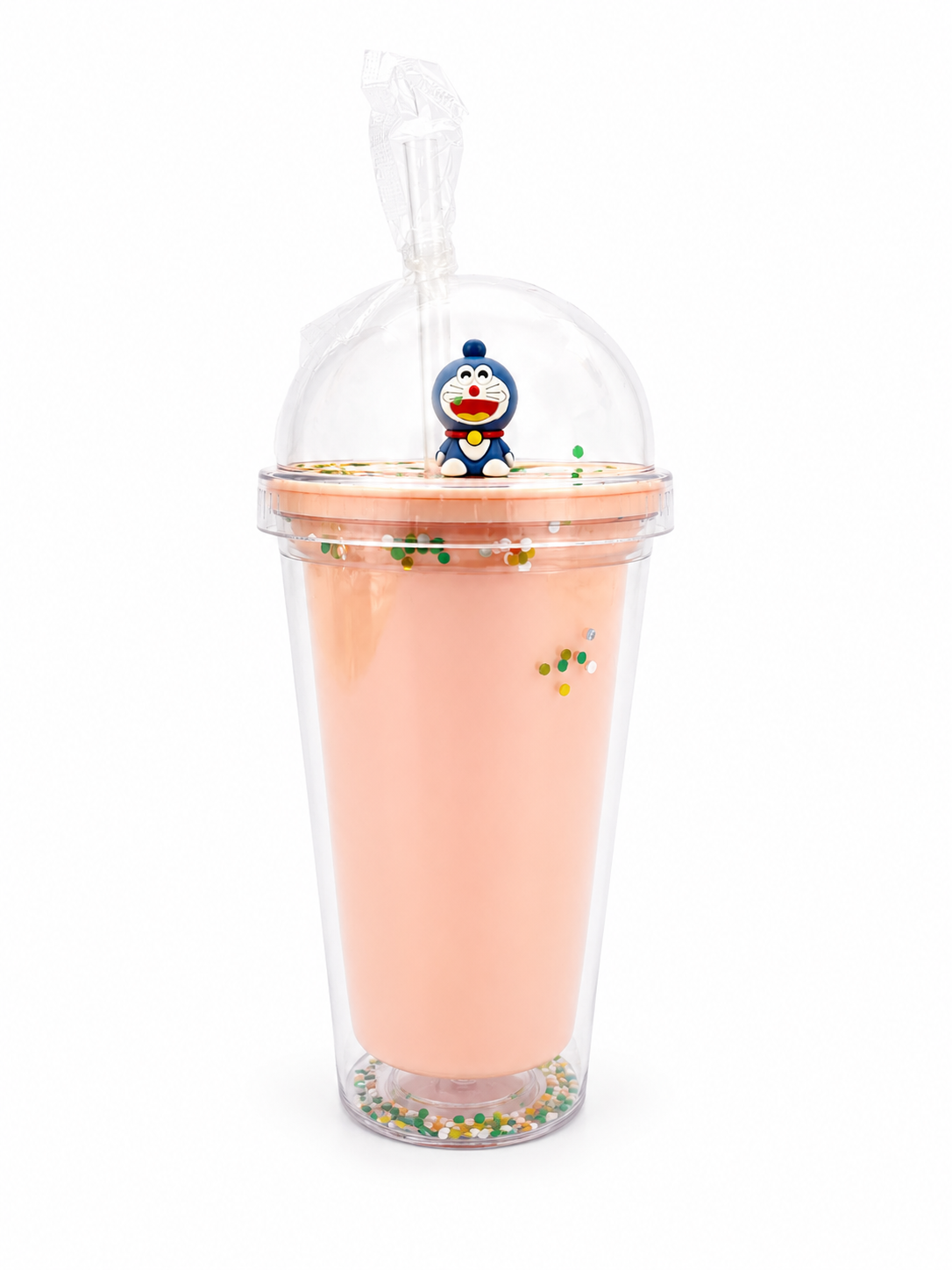 Glitter Confetti Tumbler with Dome Lid & Character Topper – Blue Cartoon Cat Figure, Reusable Straw Cup, 3D Figurine Charm
