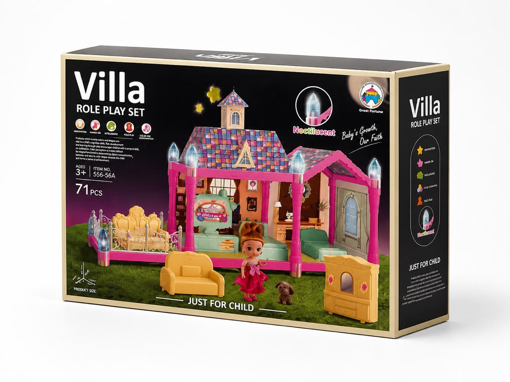 Villa Role Play Dollhouse Set – 72-Piece Doll House with Furniture, Doll & Puppy, Glow-in-the-Dark Accents, Ages 3+