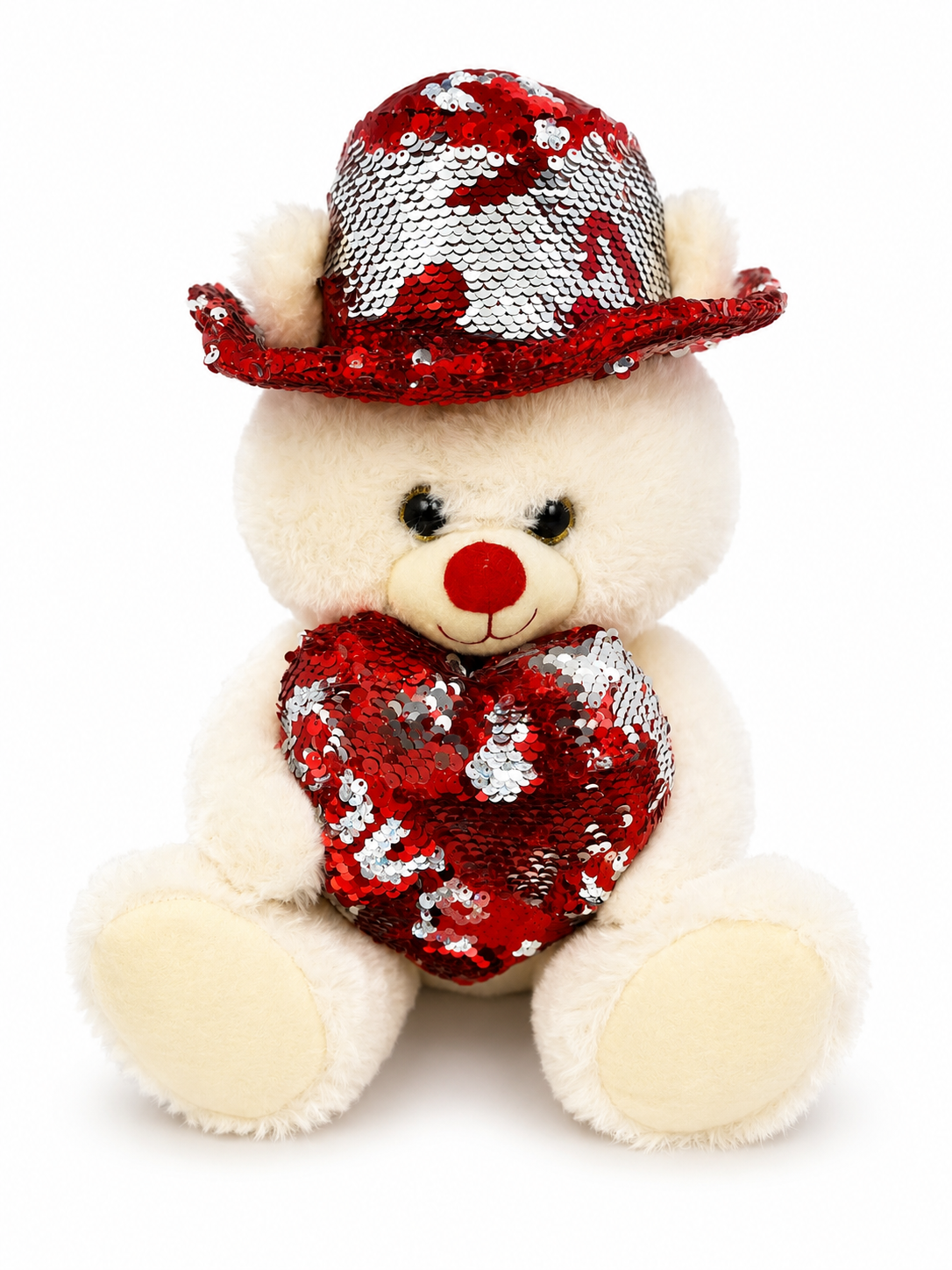 30cm Sequin Heart Teddy Bear with Glitter Hat – Soft Plush Gift