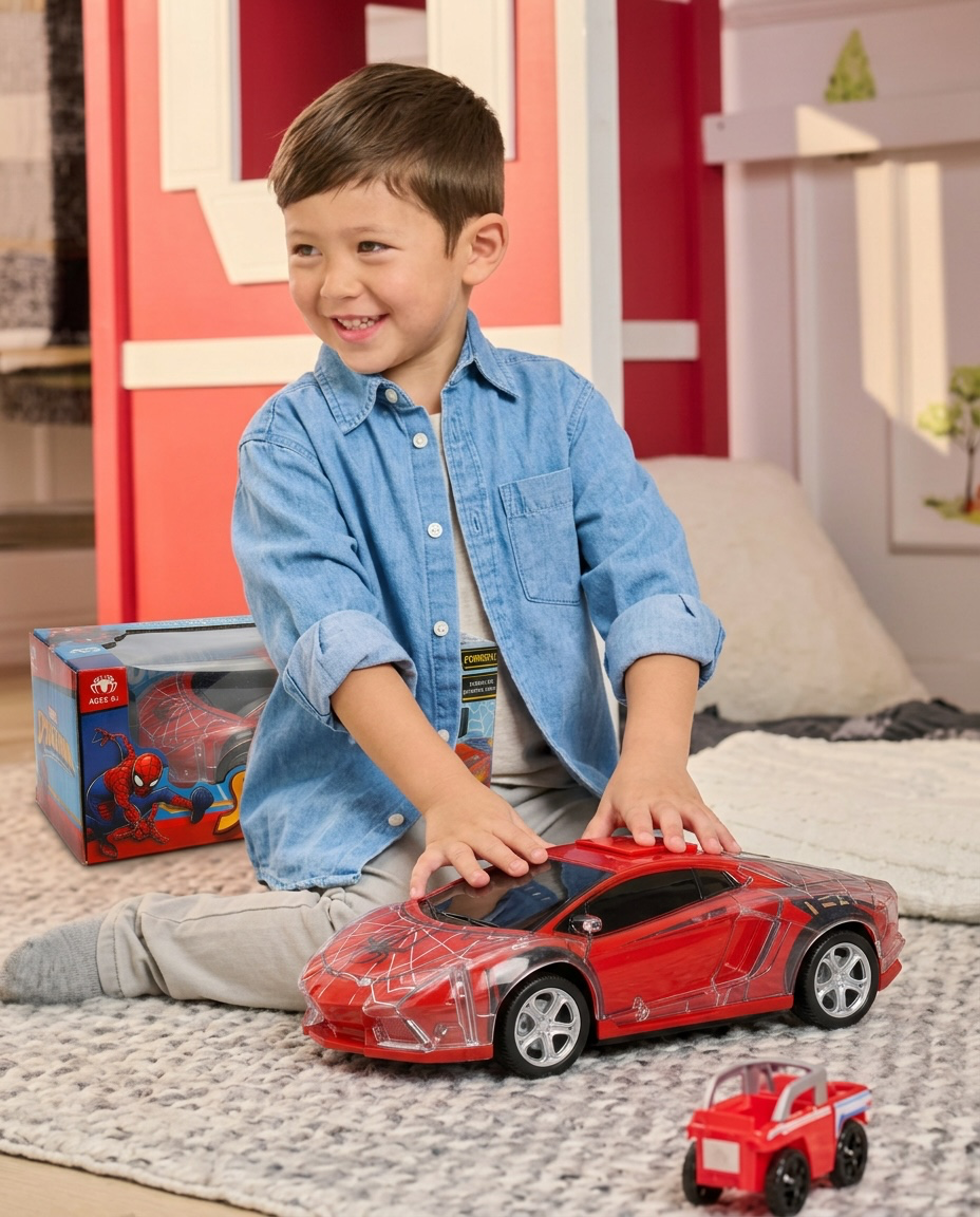 Spider-Themed LED Bump & Go Toy Car with Lights and Music for Kids