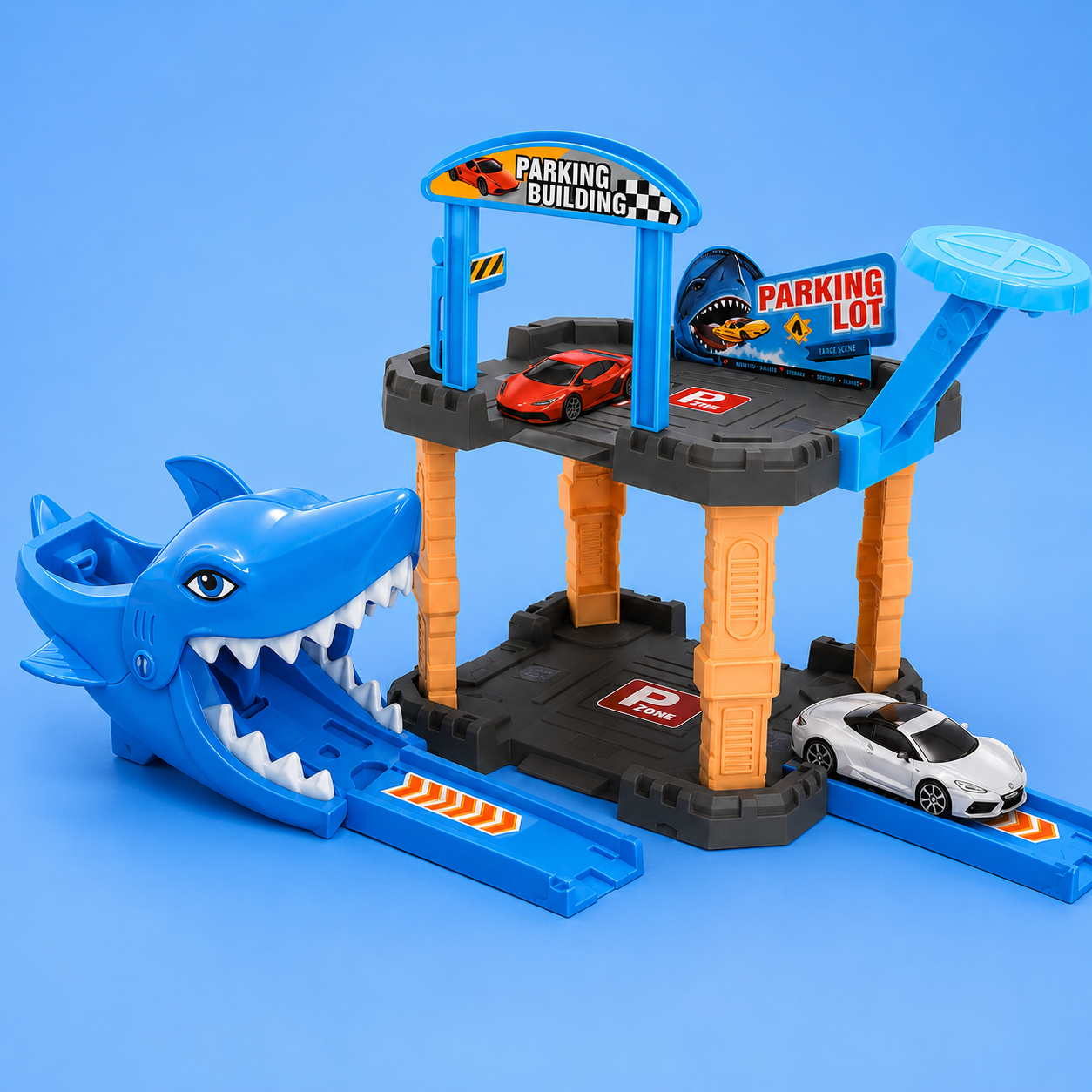 Shark Parking Lot Car Launcher Playset with Vehicle | Interactive Parking Garage Toy for Kids (Ages 3+)