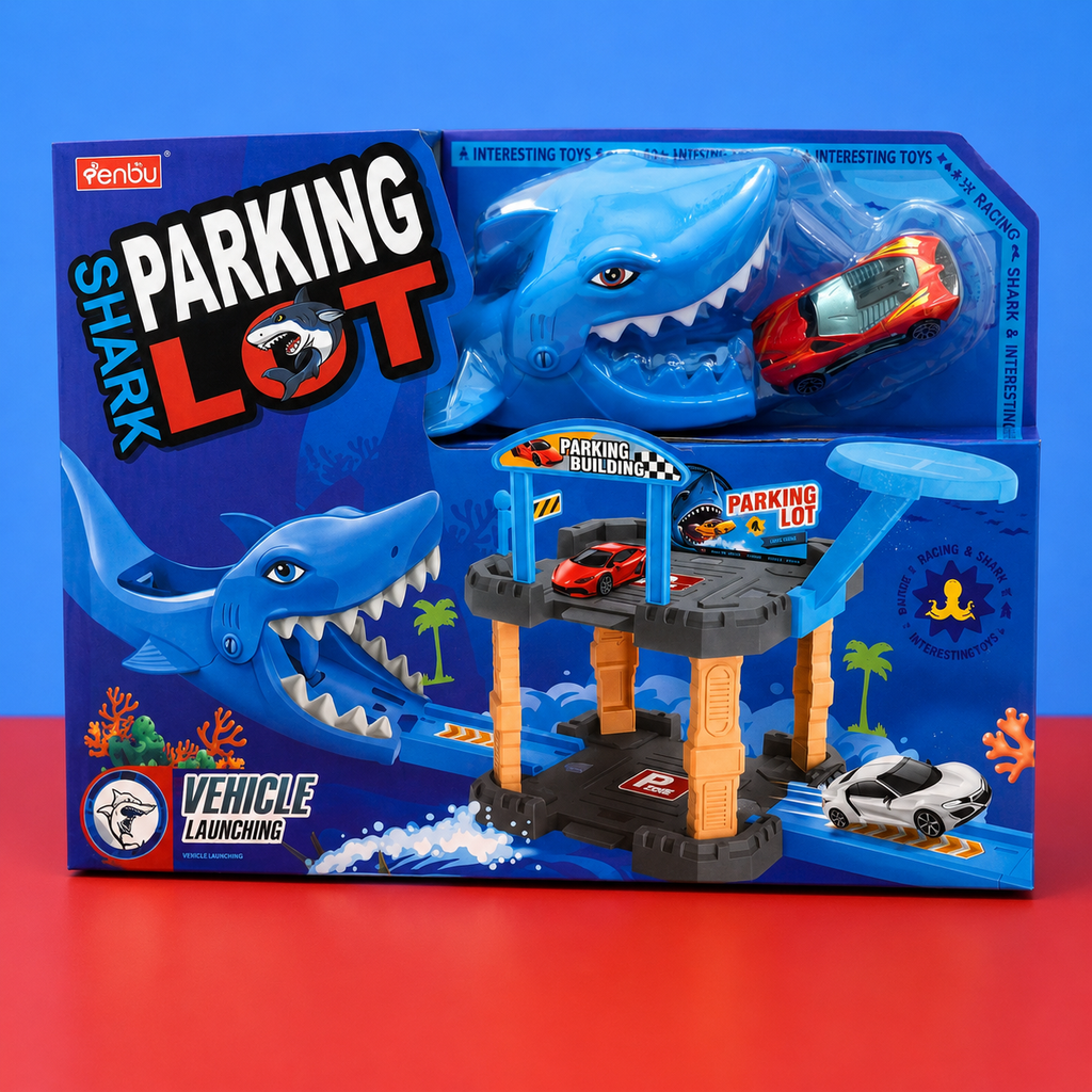 Shark Parking Lot Car Launcher Playset with Vehicle | Interactive Parking Garage Toy for Kids (Ages 3+)